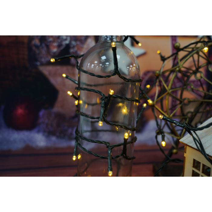 Instalatie Craciun, 8 metri, 50 de LED-uri, alb cald, telecomanda 8 functii, cu energie solara, fir negru, liniar, interior/exterior,  [7]