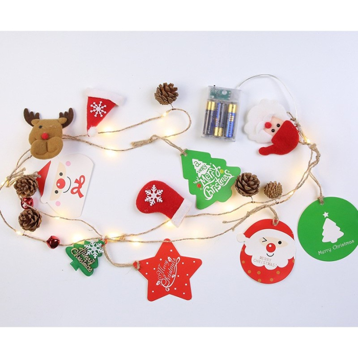 Instalatie Craciun cu baterii, 2 metri, 20 LED-uri tip Conuri de pin si figurine, Alb Cald,  [3]