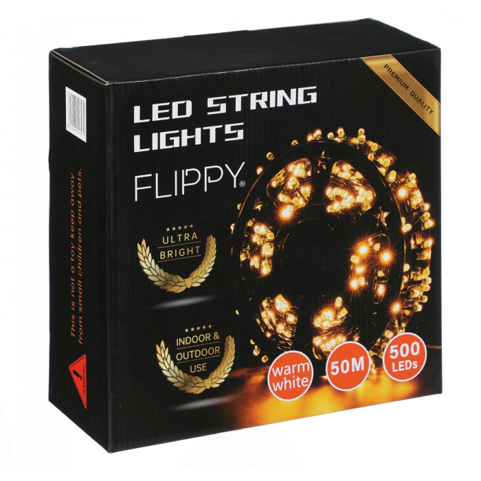 Instalatie Craciun liniara cu transformator, 50m, alb cald, 500 LED-uri, fir negru, 8 jocuri de lumini,  [3]