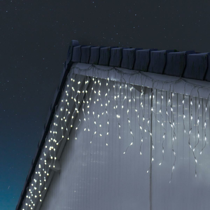 Instalatie Craciun Yoto, Tip Franjuri/Turturi, 12 m, 300 LED-uri, Prelungitor 1.5 m, 8 Jocuri de Lumini, Interconectabila, Conectare la Retea, Fir transparent, Interior/Exterior, Alb Rece [6]