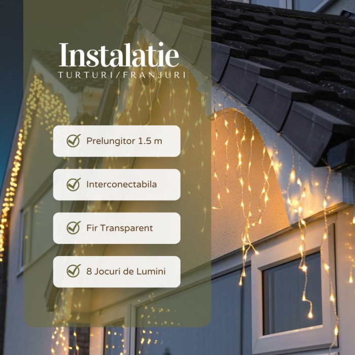 Instalatie Craciun Yoto, Tip Franjuri/Turturi, 12 m, 300 LED-uri, Prelungitor 1.5 m, 8 Jocuri de Lumini, Interconectabila, Conectare la Retea, Fir transparent, Interior/Exterior, Alb Cald [4]