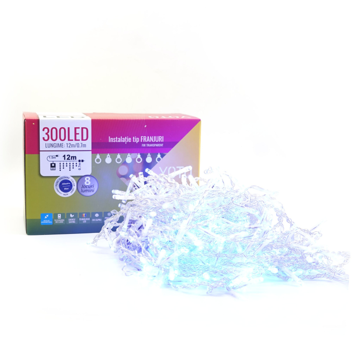 Instalatie Craciun Yoto, Tip Franjuri/Turturi, 12 m, 300 LED-uri, Prelungitor 1.5 m, 8 Jocuri de Lumini, Interconectabila, Conectare la Retea, Fir transparent, Interior/Exterior, Albastru [3]