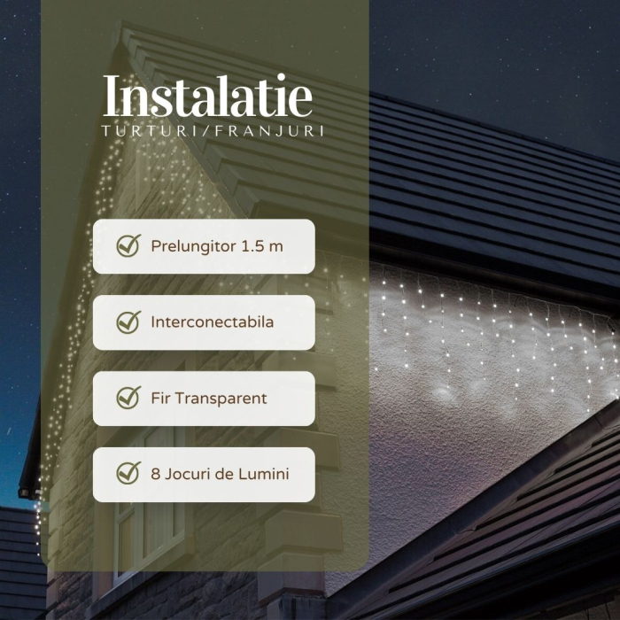 Instalatie Craciun Yoto, Tip Franjuri/Turturi, 7 m, 200 LED-uri, Prelungitor 1.5 m, 8 Jocuri de Lumini, Interconectabila, Conectare la Retea, Fir transparent, Interior/Exterior, Alb Rece [2]