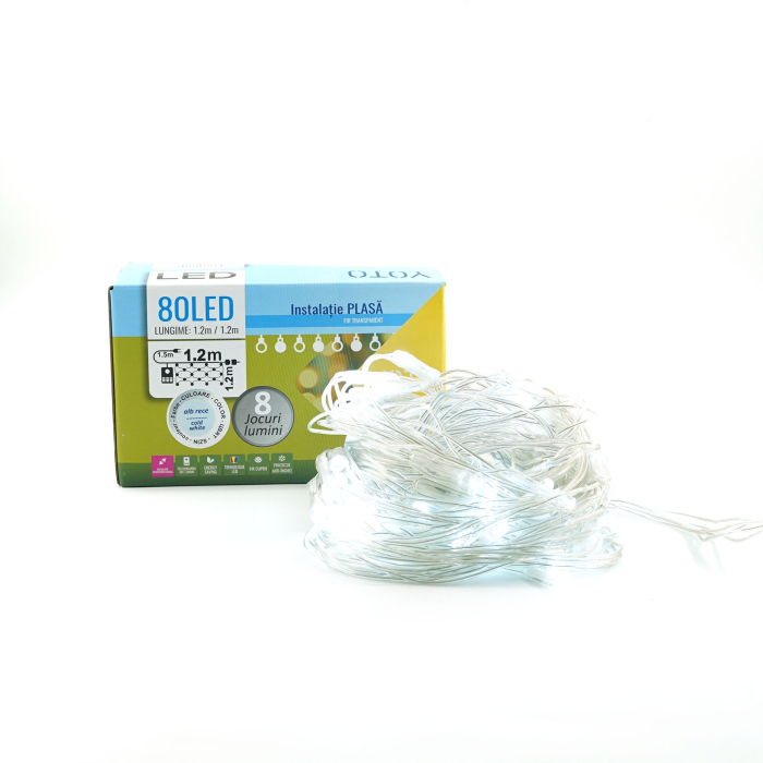 Instalatie Craciun Yoto, Tip Plasa, 1.2 m x 1.2 m, 80 LED-uri, Prelungitor 1.5 m, 8 Jocuri de Lumini, Interconectabila, Fir transparent, Interior/Exterior, Alb Rece [8]