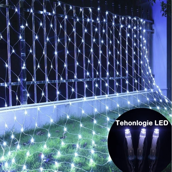 Instalatie Craciun Yoto, Tip Plasa, 1.5 m x 1.5 m, 120 LED-uri, Prelungitor 1.5 m, 8 Jocuri de Lumini, Interconectabila, Fir transparent, Interior/Exterior, Alb Rece [5]