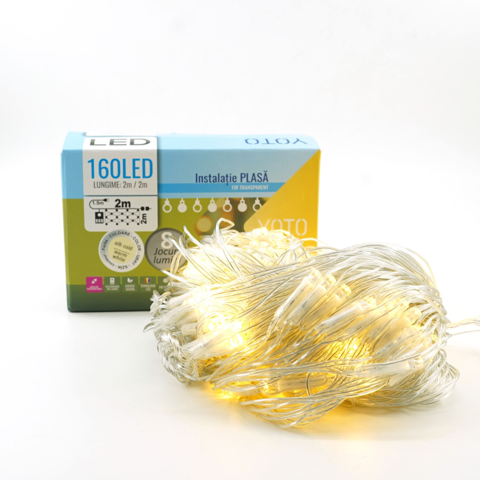 Instalatie Craciun Yoto, Tip Plasa, 2 m x 2 m, 160 LED-uri, Prelungitor 1.5 m, 8 Jocuri de Lumini, Interconectabila, Fir transparent, Interior/Exterior, Alb Cald [5]