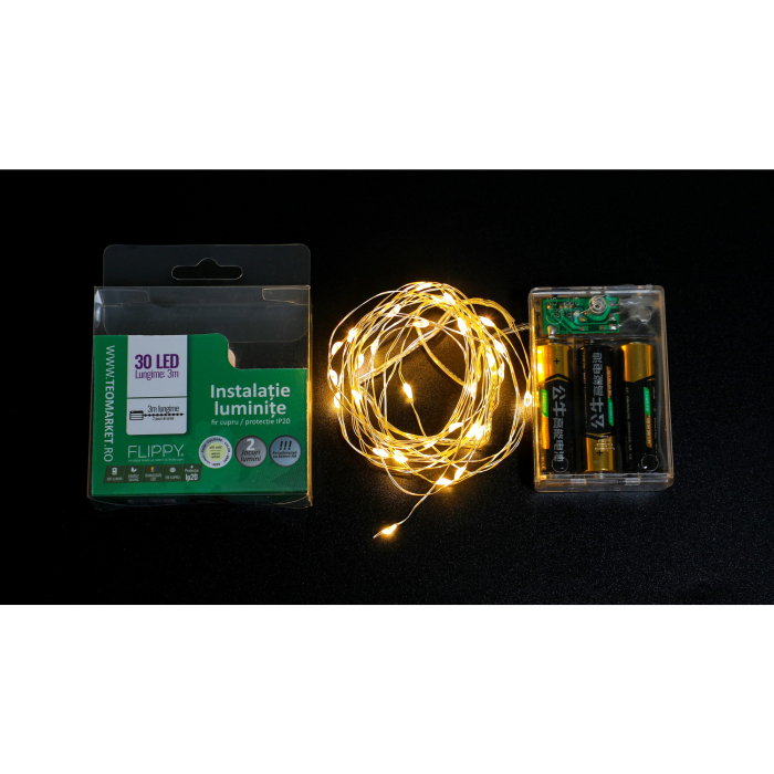 Instalatie de Craciun cu Baterii Tip Liniar, 2 jocuri de lumini, Fir Cupru 3 m 30 LED -uri, Alb Cald [7]