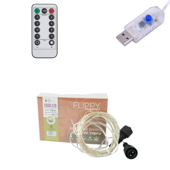 Instalatie de Craciun Liniara, ®, Tip Liniara, Fir Cupru, 8 Jocuri de Lumini, cu Telecomanda, 10 m, 100 Led-uri, Alimentare USB, 4.5V, Multicolor [5]