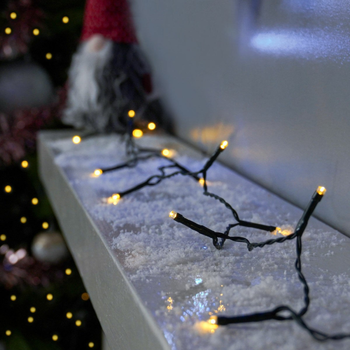 Instalatie de Craciun liniara Yoto, 10 m, din care 1 m cablu priza 220V, 100 LED, 8 jocuri de lumini, controler, fir negru, alb cald [6]