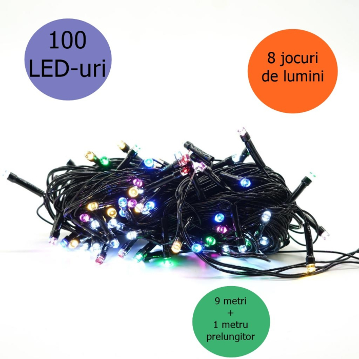Instalatie de Craciun liniara Yoto, 10 m, din care 1 m cablu priza 220V, 100 LED, 8 jocuri de lumini, controler, fir negru, multicolor [8]