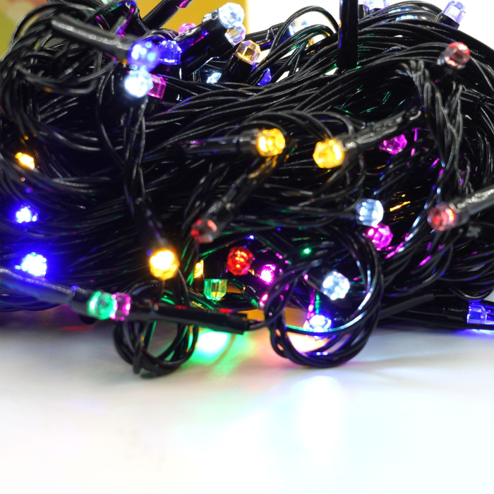 Instalatie de Craciun liniara Yoto, 17 m, din care 1 m cablu priza 220V, 200 LED, 8 jocuri de lumini, beculet in 6 colturi, pentru interior, controler, fir negru, multicolor [7]