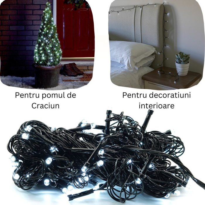 Instalatie de Craciun liniara Yoto, 24 m, din care 1 m cablu priza 220V, 300 LED, 8 jocuri de lumini, controler, fir negru, alb rece [4]