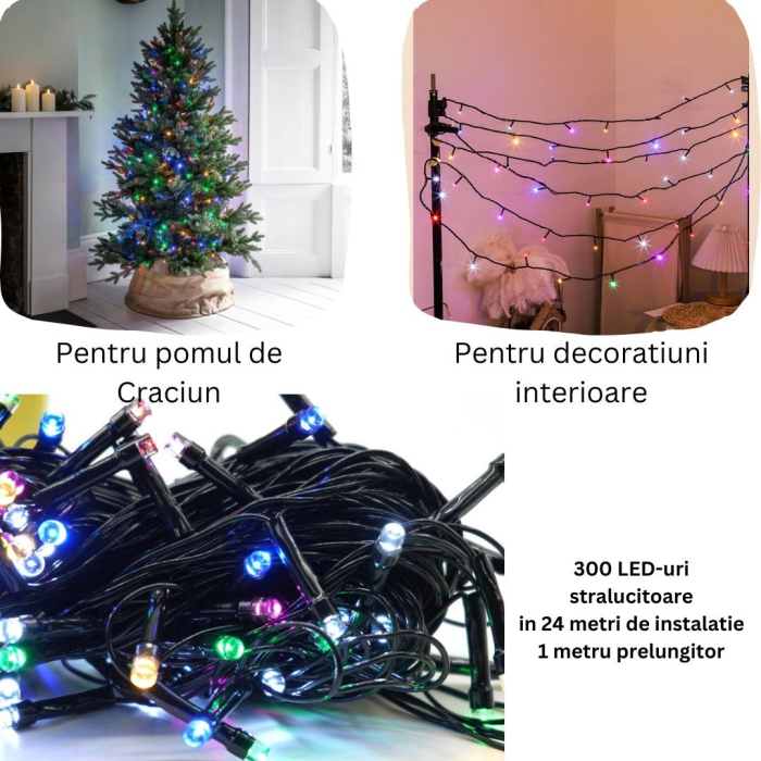 Instalatie de Craciun liniara Yoto, 24 m, din care 1 m cablu priza 220V, 300 LED, 8 jocuri de lumini, controler, fir negru, multicolor [3]