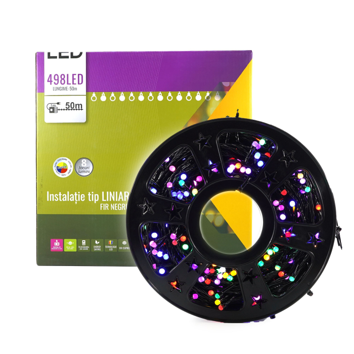 Instalatie de Craciun Liniara Yoto, 50 m, 1 m Prelungitor 220V, 498 LED, 8 Jocuri de Lumini, Controler, Fir Negru, Utilizare Interior/Exterior, Protectie anti-inghet, Fir Cupru, Multicolor [7]