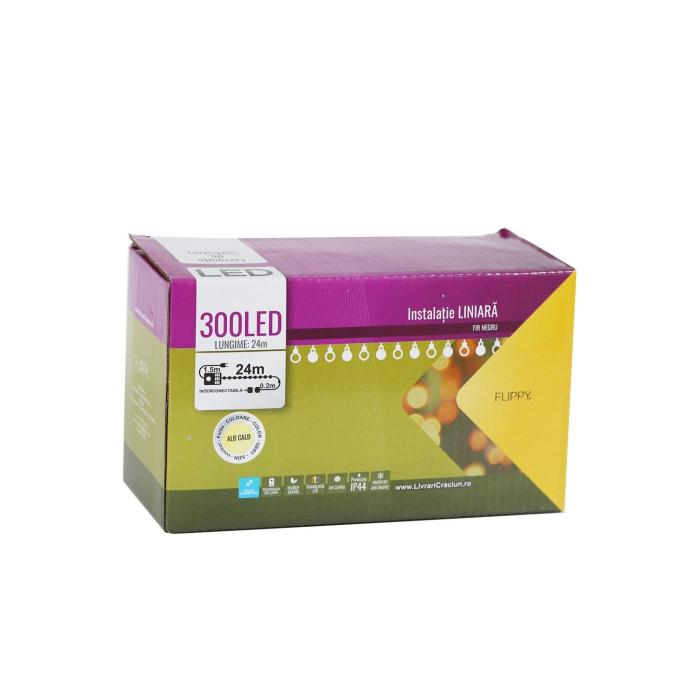 Instalatie de Craciun ® Tip Liniara, Fir Negru, 24 m, 300 LED-uri, Interconectabila, Alb Cald [5]