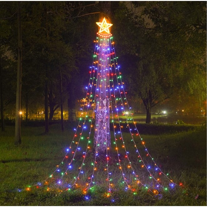 Instalatie luminoasa tip perdea pentru pomul de Craciun, cu stea luminoasa, 350 LED-uri, incarcare solara, interior/exterior, lumina multicolora, Tree Dazzler [2]