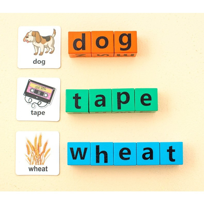 Joc cu Blocuri din Lemn, , Formare Cuvinte, Cartonase cu Obiecte si Animale, Clopotel, Joc pentru 4 Persoane, 3 Ani+, 28x15.5x5 cm, Multicolor [12]