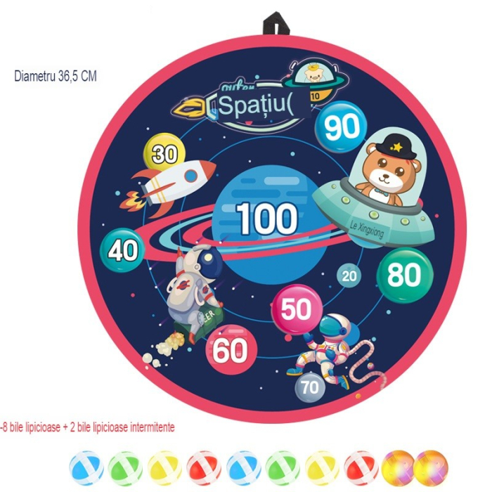 Joc Darts pentru Copii, Placa Pliabila 36.5 cm, 8 Mingii Velcro/Scai Simple, 2 Mingii Luminoase, Model Spatiu, Albastru [4]