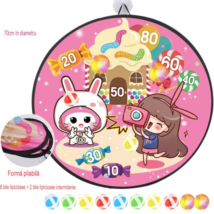 Joc Darts pentru Copii, Placa Pliabila 70 cm, 8 Mingii Velcro/Scai Simple, 2 Mingii Luminoase, Model Acadele, Roz [5]