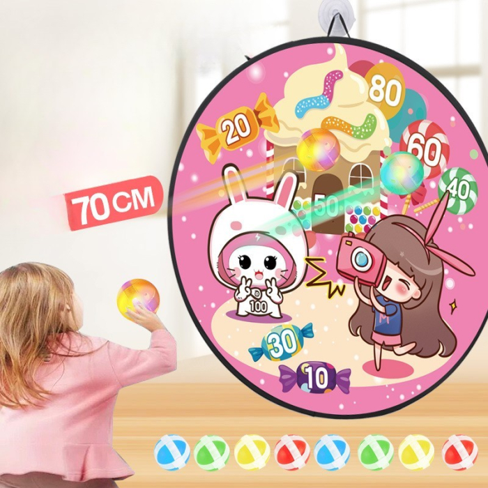 Joc Darts pentru Copii, Placa Pliabila 70 cm, 8 Mingii Velcro/Scai Simple, 2 Mingii Luminoase, Model Acadele, Roz [6]