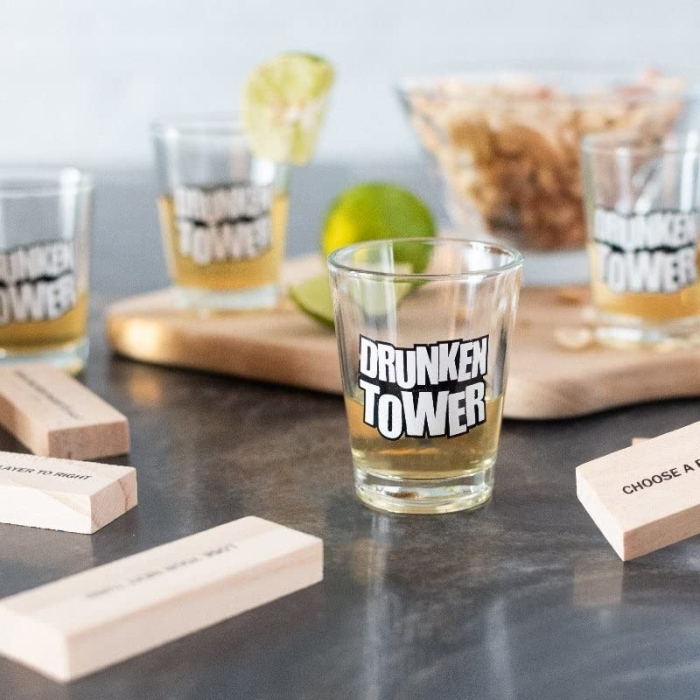 Joc de Baut Jenga , Turnul Betivului din Lemn, Piese cu Provocari, Pahare de Shot din Sticla Incluse, 19 x 7 x 20 cm [5]