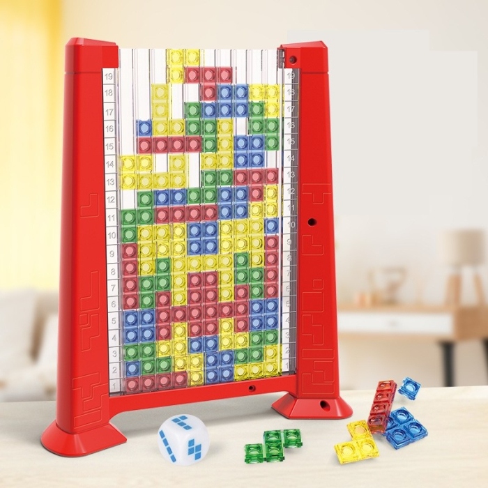 Joc de inteligenta Tetris puzzle tangram , 70 de piese multicolore, 3D, montessori, interactiv, din plastic, zar inclus, sac depozitare piese, varsta peste 6 ani, 23 x 19.8 x 5 cm, cadru rosu [5]