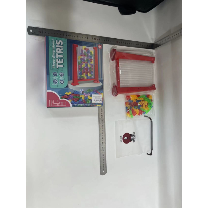 Joc de inteligenta Tetris puzzle tangram , 70 de piese multicolore, 3D, montessori, interactiv, din plastic, zar inclus, sac depozitare piese, varsta peste 6 ani, 23 x 19.8 x 5 cm, cadru rosu [10]