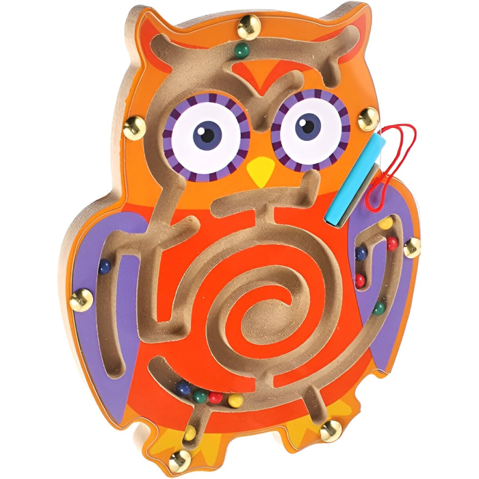 Joc Montessori cu Bile, , Creion Magnetic, Tip Labirint, din Lemn, Model Bufnita, 18.5x17.5 cm, Portocaliu-Mov [6]