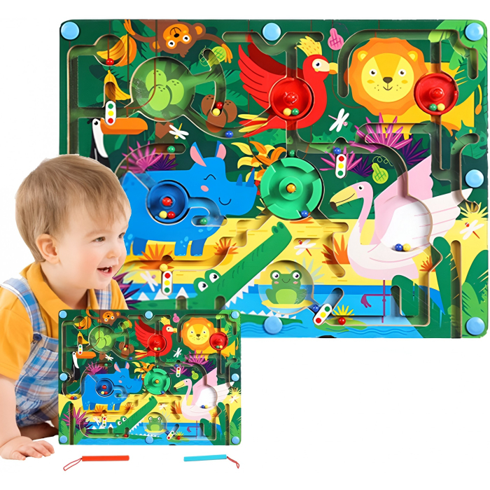 Joc Montessori de Sortare Culori, , Creion Magnetic, Tip Labirint Ilustrat, din Lemn, Model Animale Salbatice, 39x29x1.5 cm [15]