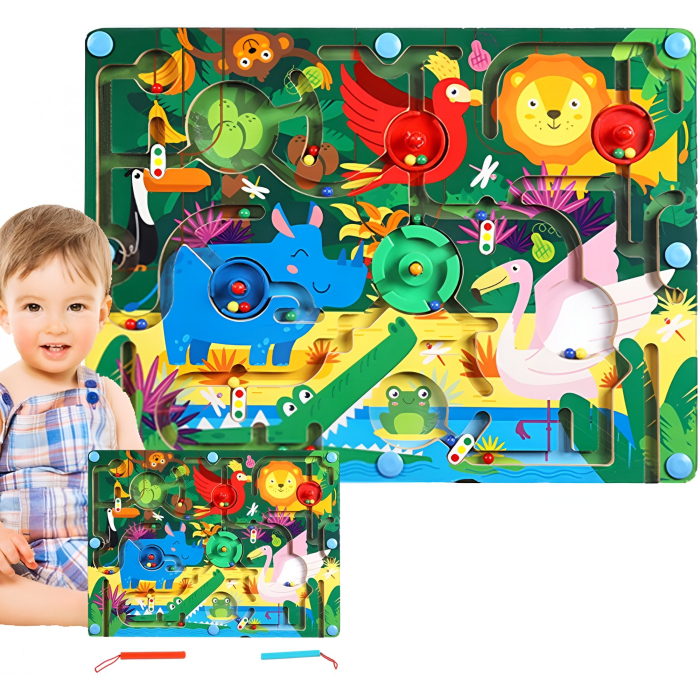 Joc Montessori de Sortare Culori, , Creion Magnetic, Tip Labirint Ilustrat, din Lemn, Model Animale Salbatice, 39x29x1.5 cm [10]