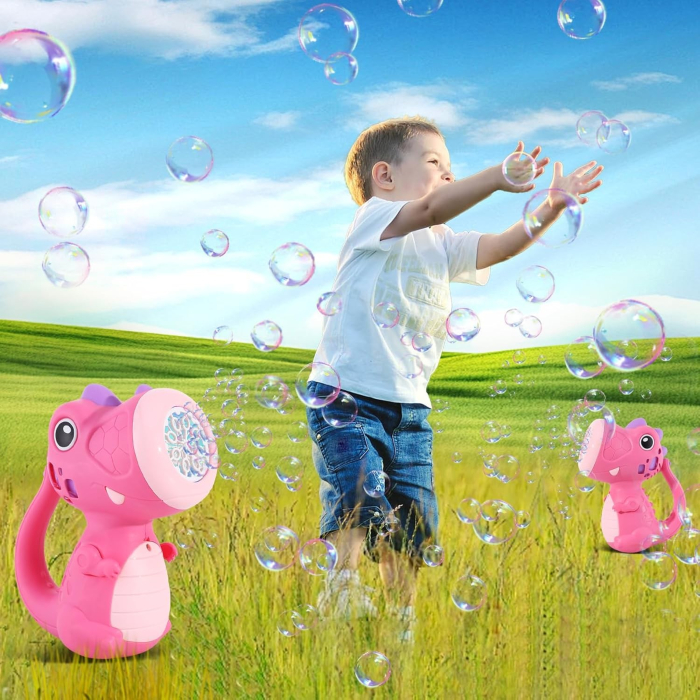 Jucarie Interactiva pentru Baloane de Sapun, , Sunete si Lumini, Model Dinozaur, cu 8 Orificii, 15 x 8.5 x 18.5, Roz [8]