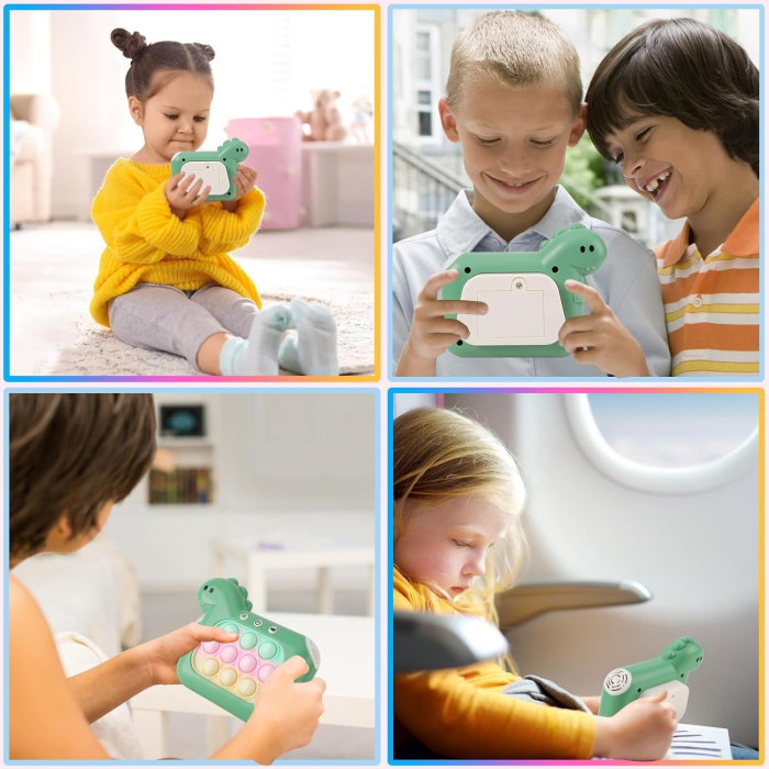 Jucarie Interactiva Pop It Whack A Mole, , Tip Consola, Anti-Stres, 4 Moduri de Joc, din ABS si Silicon, +3 Ani, Model Dinozaur, Verde [10]