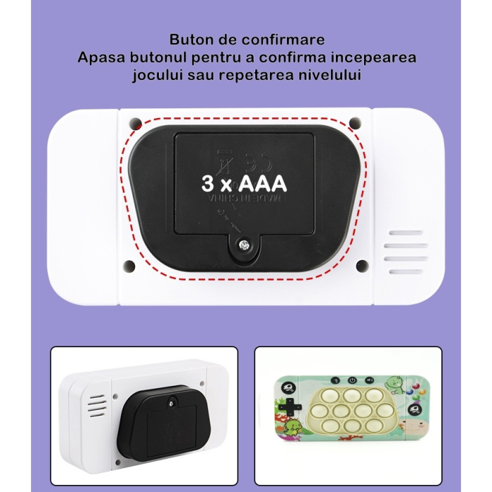 Jucarie interactiva tip consola pentru copii , speed push whack-a-mole, joc de viteza pop it, material ABS/silicon, cu nivele, sunete si lumini, 15.5 x 7.6 x 5.3 cm, model dinozaur, verde [6]