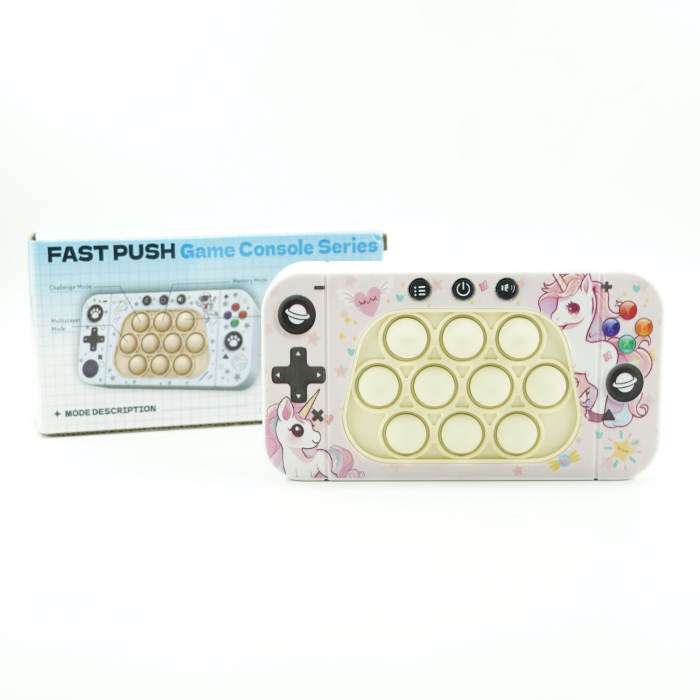 Jucarie interactiva tip consola pentru copii , speed push whack-a-mole, joc de viteza pop it, material ABS/silicon, cu nivele, sunete si lumini, 15.5 x 7.6 x 5.3 cm, model unicorn, roz [4]