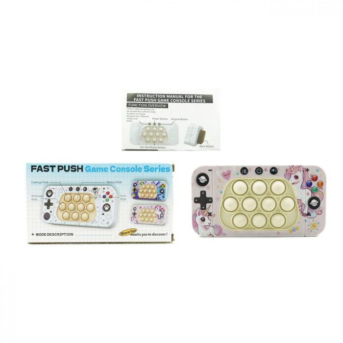 Jucarie interactiva tip consola pentru copii , speed push whack-a-mole, joc de viteza pop it, material ABS/silicon, cu nivele, sunete si lumini, 15.5 x 7.6 x 5.3 cm, model unicorn, roz [2]