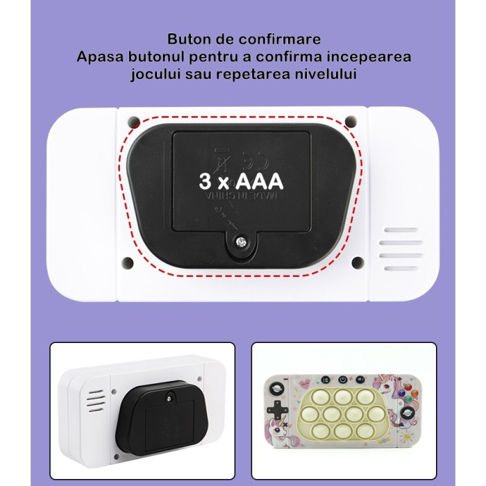 Jucarie interactiva tip consola pentru copii , speed push whack-a-mole, joc de viteza pop it, material ABS/silicon, cu nivele, sunete si lumini, 15.5 x 7.6 x 5.3 cm, model unicorn, roz [6]