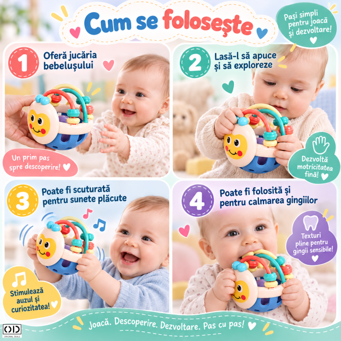 Jucarie minge pentru bebelusi, pentru dentitie, interactiva, 0-12 luni, roz-multicolor | ORIGINAL DEALS [4]