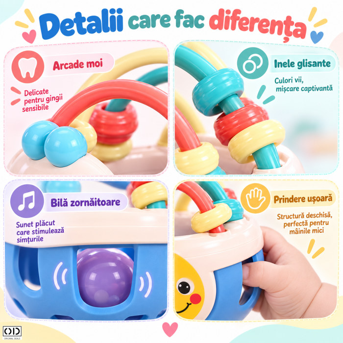 Jucarie minge pentru bebelusi, pentru dentitie, interactiva, 0-12 luni, roz-multicolor | ORIGINAL DEALS [3]