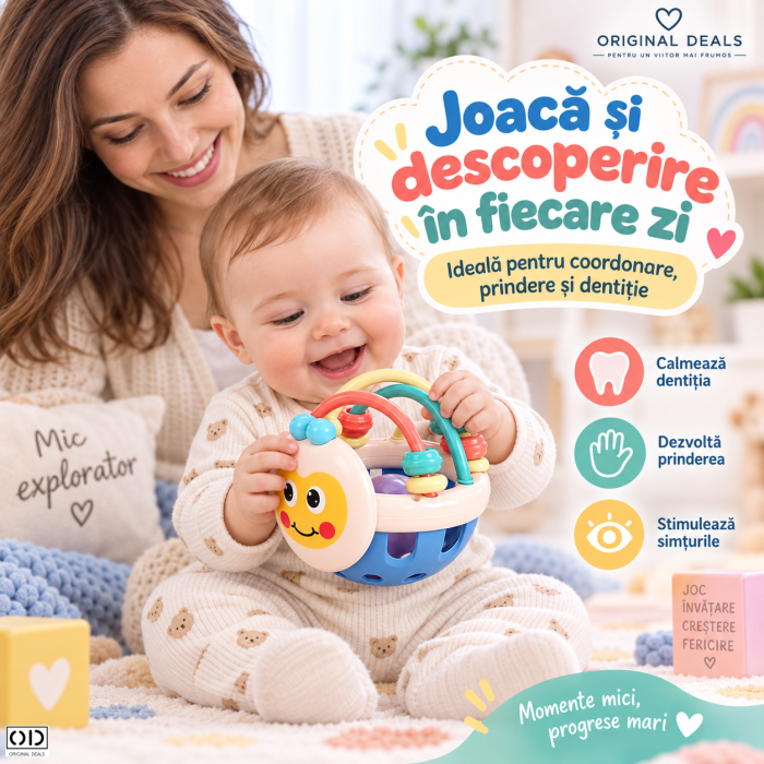 Jucarie minge pentru bebelusi, pentru dentitie, interactiva, 0-12 luni, roz-multicolor | ORIGINAL DEALS [1]
