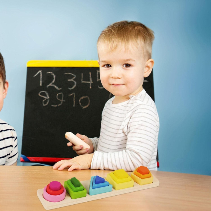 Jucarie Montessori din Lemn, , Tip Puzzle, cu 5 Forme Asimetrice, 15 Piese, Educativa, Interactiva, Creativa, Model Forme Geometrice, Materiale Non Toxice, +2 Ani, 29x6.5 cm, Multicolor [13]