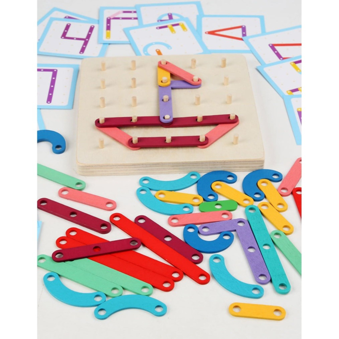 Jucarie Montessori Pegboard, , din Lemn, Tip Puzzle, Forme, Litere, Educativ, 17.8 x 17.8 x 1.5 cm, Multicolor [2]