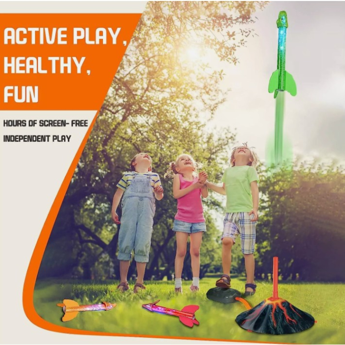 Jucarie pentru Copii, , Lansator de Rachete cu Piciorul, un Singur Lansator, 3 Rachete Donozauri cu Lumini, 30 cm Inaltime, Model Vulcan, Multicolor [11]