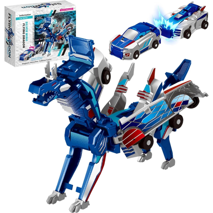 Jucarie Transformabila 2in1, , Silver Wing Flying Dragon, Masina/Dragon, Atractie Magnetica, +6 Ani, din ABS, Albastru [2]