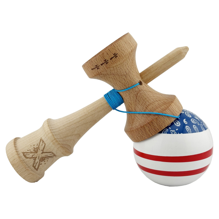 Kendama X CHICANOS Originala, Profesionala, , Big Cups V2, Super Sticky cu Cupe Mari, Rulment Metalic, din lemn 18 cm, Ata 55 cm, Albastru/Alb [4]