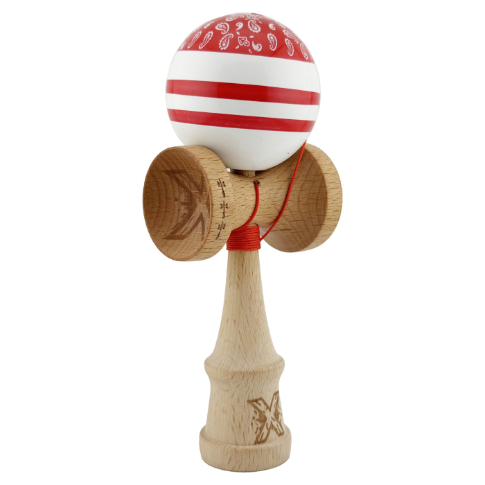 Kendama X CHICANOS Originala, Profesionala, , Big Cups V2, Super Sticky cu Cupe Mari, Rulment Metalic, din lemn 18 cm, Ata 55 cm, Rosu/Alb [2]