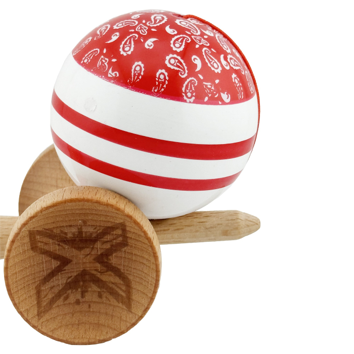 Kendama X CHICANOS Originala, Profesionala, , Big Cups V2, Super Sticky cu Cupe Mari, Rulment Metalic, din lemn 18 cm, Ata 55 cm, Rosu/Alb [8]