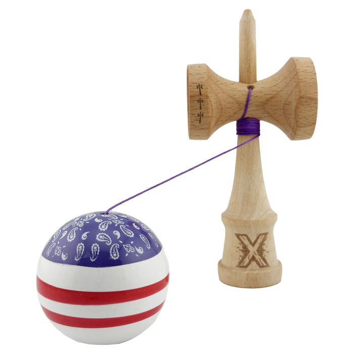 Kendama X CHICANOS Originala, Profesionala, , Big Cups V2, Super Sticky cu Cupe Mari, Rulment Metalic, din lemn 18 cm, Ata 55 cm, Violet/Alb [3]