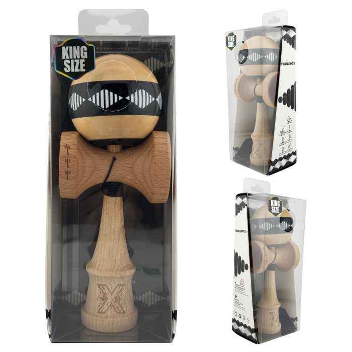Kendama X FREQUENCY Originala, Profesionala, , Big Cups V2, Super Sticky cu Cupe Mari, Rulment Metalic, din lemn 18 cm, Ata 55 cm, Negru/Maro [10]