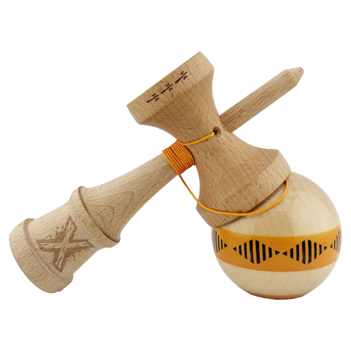 Kendama X FREQUENCY Originala, Profesionala, , Big Cups V2, Super Sticky cu Cupe Mari, Rulment Metalic, din lemn 18 cm, Ata 55 cm, Portocaliu/Maro [4]