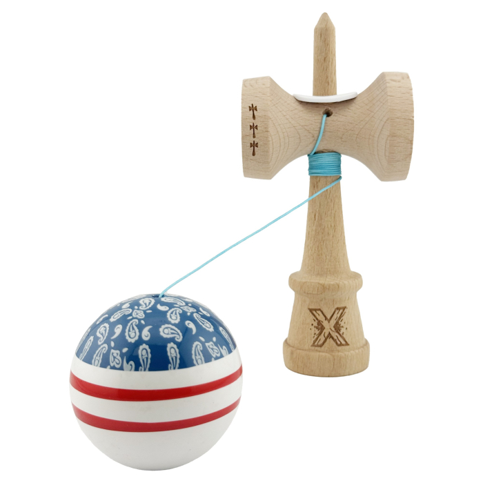 Kendama X Originala CHICANOS, Profesionala, , Cupe Mari KING SIZE V3, Super Sticky, Gaura in Baza, Rulment Metalic, din lemn 18 cm, Ata 55 cm, Albastru/Alb [4]